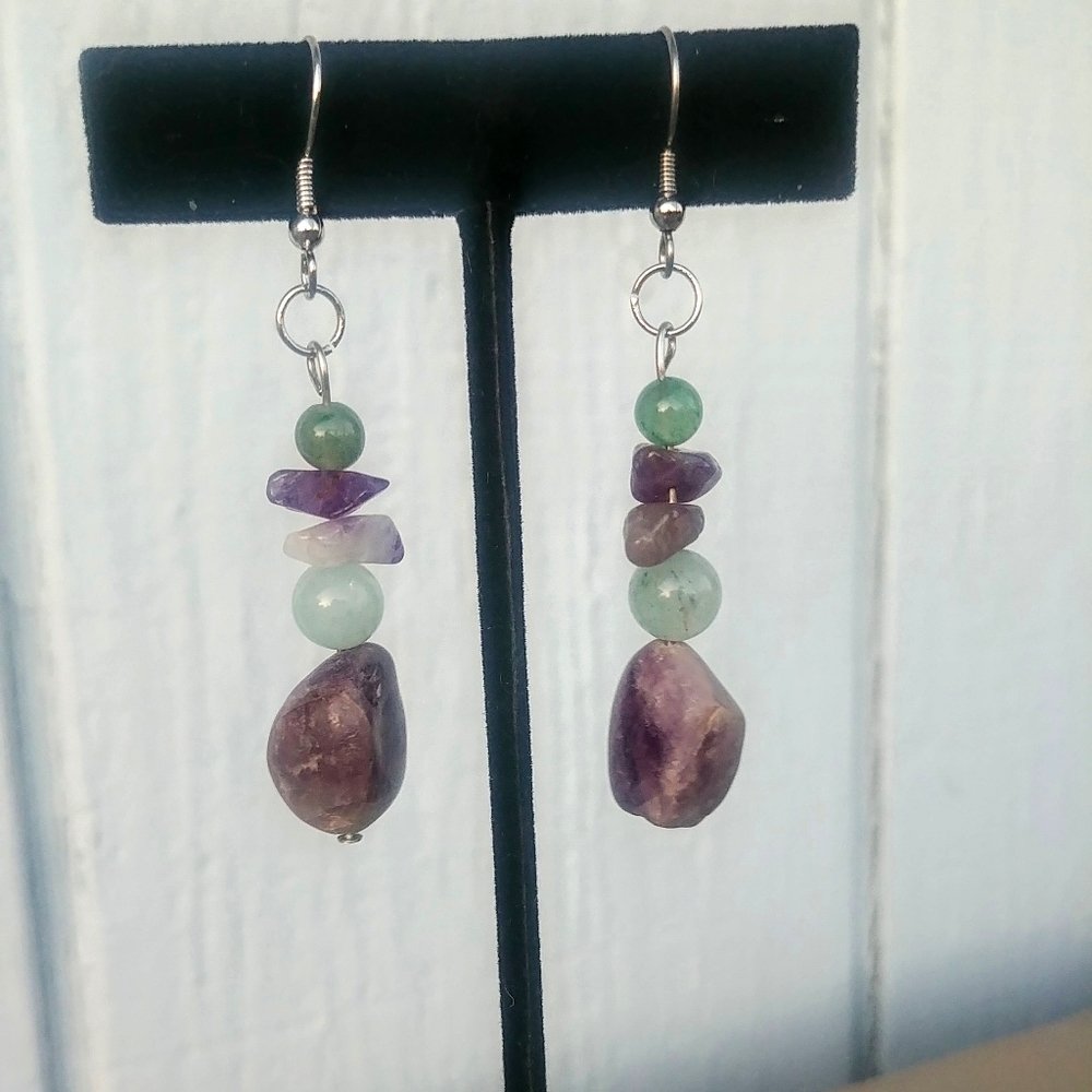 Amethyst Green & Purple Stone Beaded Earrings